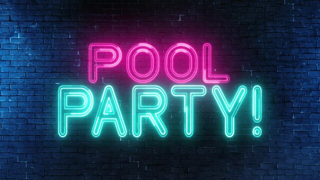 Pool Party text font with neon light. Luminous and shimmering haze inside the letters of the text Pool Party. Pool Party neon sign. 