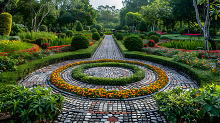 Obraz premium Formal flower garden: symmetrical patterns, geometric designs. classic garden aesthetics, trimmed hedges and topiaries 