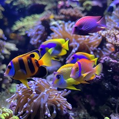 Obraz premium A delightful photograph of a group of vibrant tropical fish swimming gracefully in a coral reef, capturing their striking colors and the enchanting beauty of their underwater world