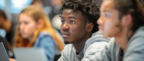 Fototapeta premium Young Adult at Coding Bootcamp Struggling with Coding Task, Surrounded by Instructor and Classmates
