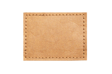 Brown leather belt strap closeup isolated on white. Brown stitched leather seam frame label tag...