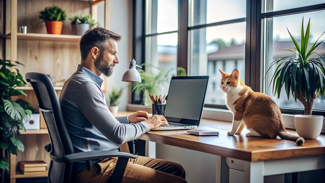 A remote worker at a desk with a pet (like a cat or dog) on their lap or nearby, symbolizing the integration of personal and professional life.