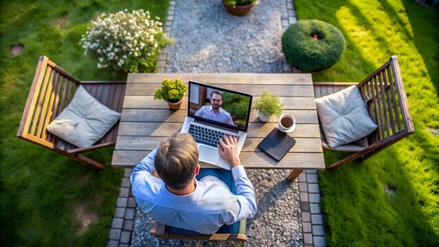 A person working on a laptop in an outdoor setting, such as a garden or park, with a video conference call on the screen, representing the flexibility of remote work