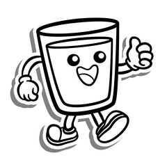 Black line Retro Cartoon Great Water in Glass on white silhouette and gray shadow. Doodle Style Vector illustration for decorate, coloring and any design.