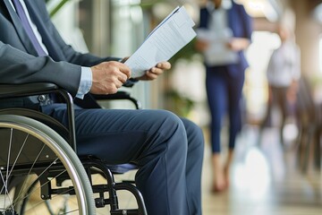 Fototapeta premium Businessman in wheelchair examining document with coworker in background