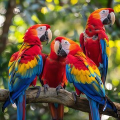 Naklejka premium A joyful photograph of a group of colorful parrots perched on a tree branch, capturing their vibrant feathers and their animated interactions with one another.