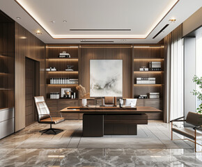 Modern CEO office interior with bookcase 