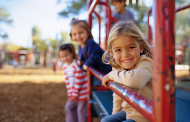 happy young children playing on playground equipment 