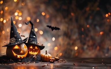 halloween jack o lanterns with witch hats and bats background 
