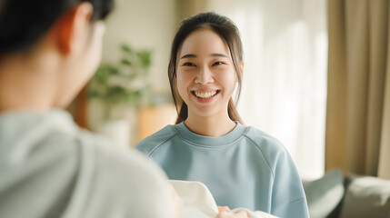 Young woman smiling joyfully while interacting with a partner at home, holding a bundle of laundry, showcasing a moment of happiness and togetherness.