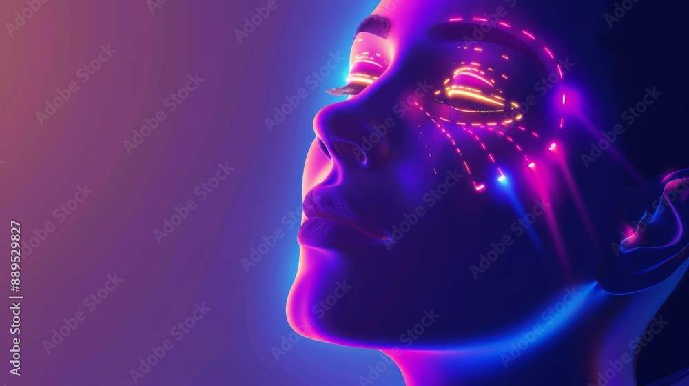 Poster a woman's face is illuminated with neon lines, creating a colorful, abstract design.