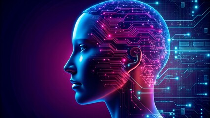 Digital Evolution. A side profile of a futuristic human head with digital circuitry. Copy Space