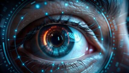 Eye with Digital Interface. Vision of Technology. A close-up of an eye with digital data overlay. copy space