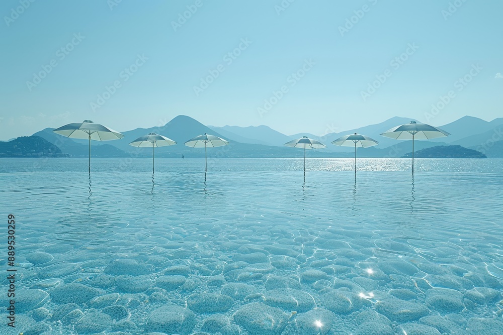 Poster tropical beach with umbrellas and clear waters creating a serene and inviting atmosphere perfect for