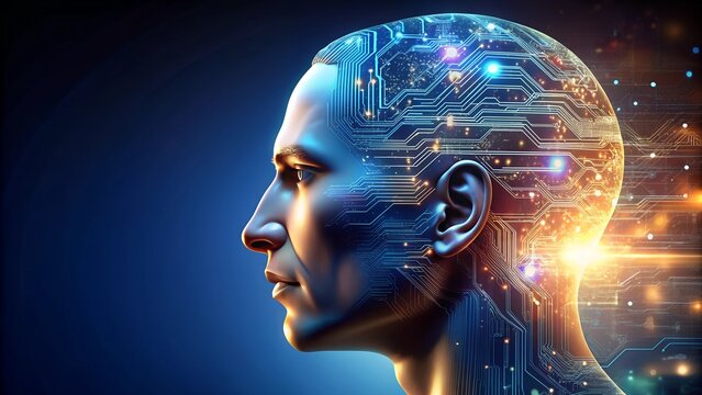 Futuristic Human Head. Digital Evolution. A side profile of a futuristic human head with digital circuitry
