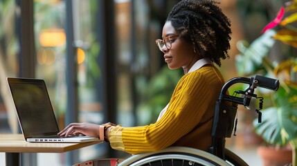young african american woman in wheelchair working with laptop in cafe