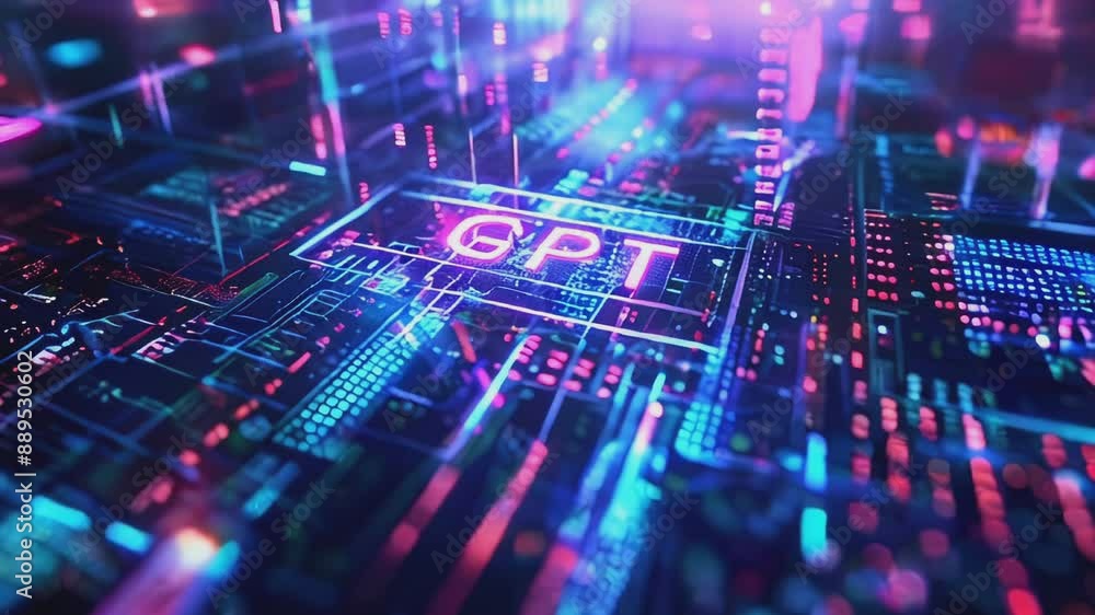 Poster animation of a digital circuit board with glowing lines and dots, showcasing the letters gpt in pink