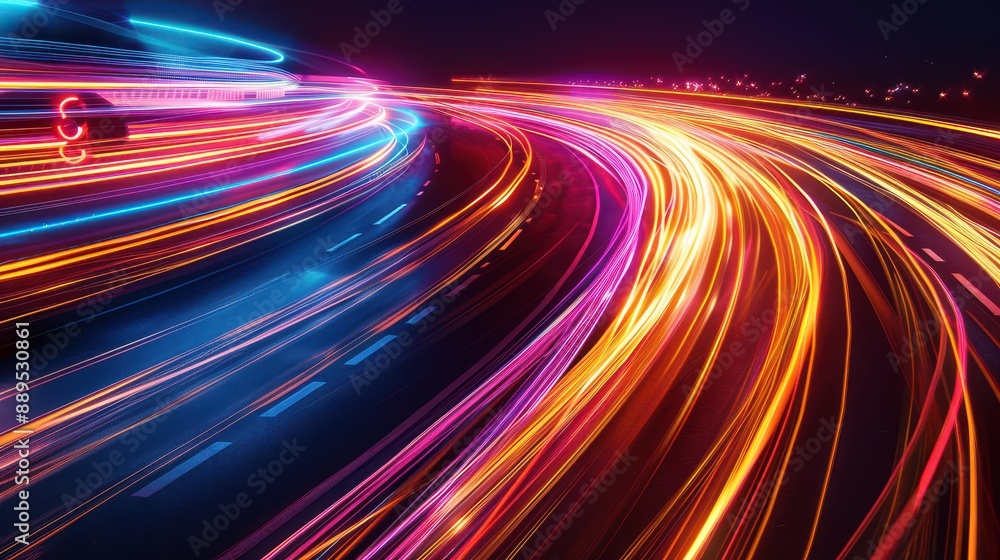 Poster a colorful, abstract image of a highway with bright lights and a dark background. concept of motion 