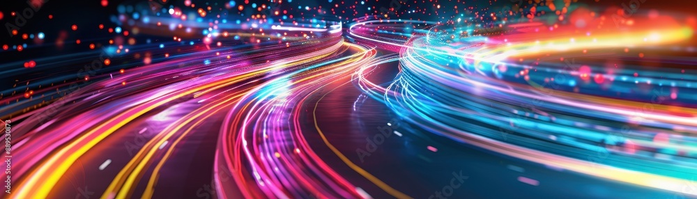 Poster a colorful, abstract image of a highway with bright lights and a dark background. concept of motion 