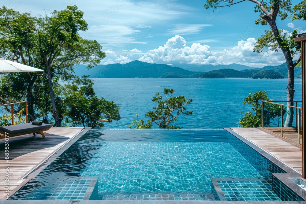 Poster luxurious poolside setting with lush greenery and water views creating a serene and exclusive atmosp