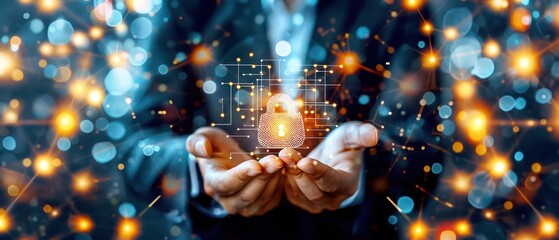 Digital security concept showing a padlock icon in the hands of a person with a network of technology connections and glowing lights background.