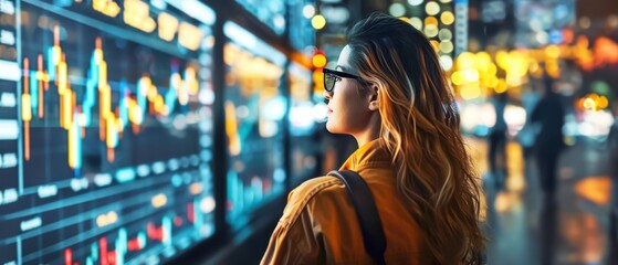 A businesswoman analyzes stock market data on large digital screens at night, highlighting financial trends and market insights in a bustling tech environment.