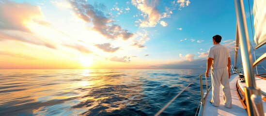 Fototapeta premium A person in white clothes stands on a sailboat deck, admiring a stunning ocean sunset with colorful clouds in the sky.