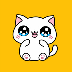 kawaii cute white cat isolated on a yellow background. Vector anime style illustration