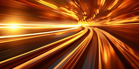 Golden light track in curved lines, abstract background perfect for dynamic and futuristic themes.
