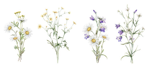 Watercolor botanical set of bouquets of summer meadow flowers. Hand drawn illustration of Chamomile and little violet bell. Yellow tansy and white daisy and blue bluebell on isolated background.