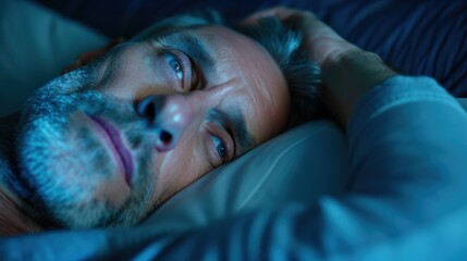 A man suffering from insomnia, lying awake in bed at night with a troubled expression, illuminated by blue light.