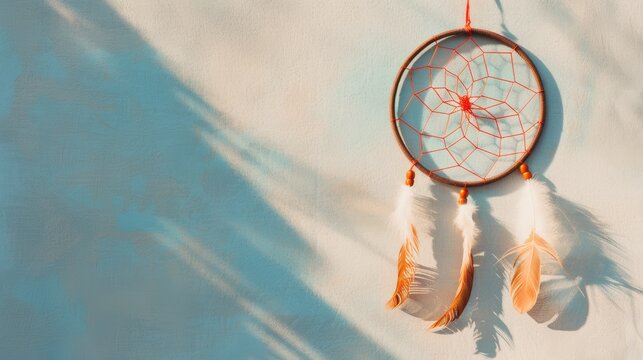 A beautiful handcrafted dreamcatcher hanging against a light blue wall, shadows and creating a tranquil atmosphere. - Powered by Adobe
