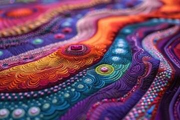 Digital embroidery, vibrant colors, modern design, sleek lines, bright and engaging patterns