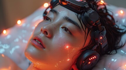 Brain-computer interface headset on a person with neural activity visualization
