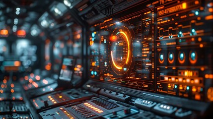 Obraz premium Close-up of a holographic display showing data analytics in a futuristic office setting