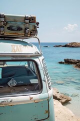 Fototapeta premium A blue and white van is parked on the beach with a suitcase on top of it. Concept of adventure and travel, as the van is likely being used for a road trip or vacation