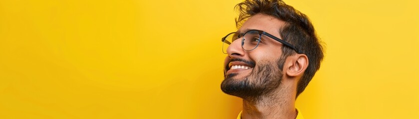 Obraz premium Smiling man with glasses looking up against a vibrant yellow background, positivity and optimism.