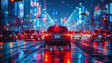 Self-driving car navigating a busy city intersection at night