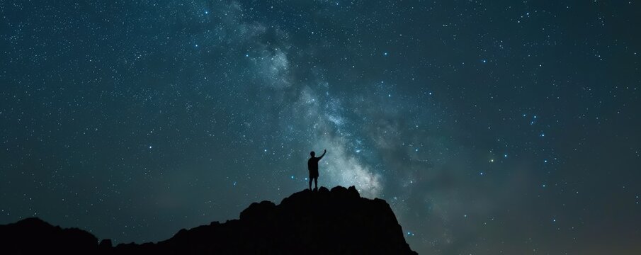 Silhouette of a person on a rock under a stunning Milky Way sky at twilight, capturing the beauty of the stars and universe.