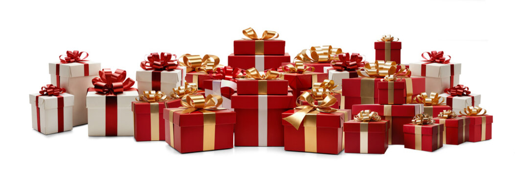 stacked christmas gift boxes, pile of christmas gifts in row, red and golden colored christmas presents