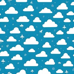 Sky High: A whimsical and cheerful seamless pattern featuring white clouds and flying objects against a vibrant blue sky. Perfect for children's products, stationery, and textiles. 