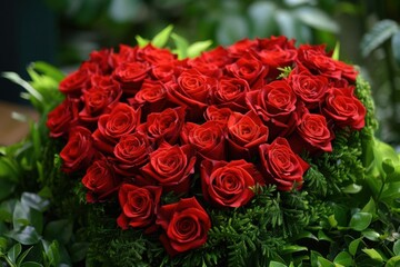 Beautiful arrangement of red roses in a heart shape surrounded by green leaves, perfect for romantic occasions and celebrations.