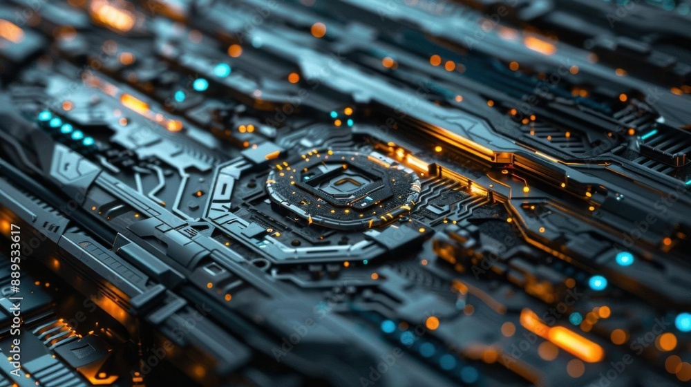 Poster close-up of a futuristic circuit board with glowing elements, representing advanced technology and d