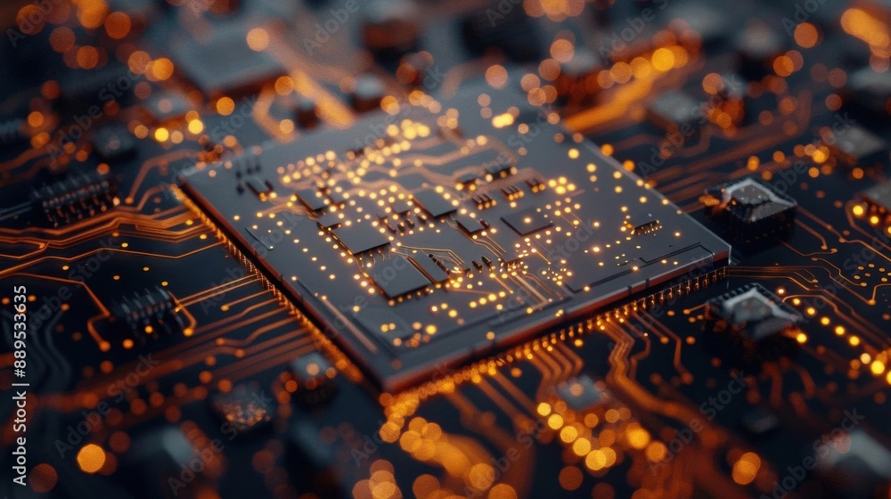 Poster close-up of a microchip circuit board with glowing lights, showcasing advanced technology and intric