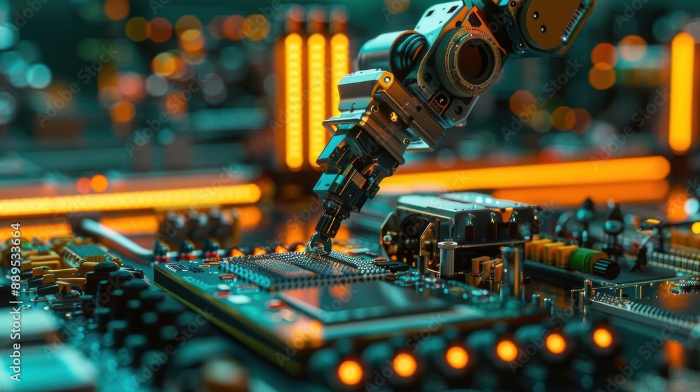 Poster close-up of a robotic arm assembling components on a circuit board in an advanced technology factory