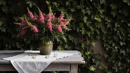 Fototapeta premium Daphne flowers in vase on old wooden table on background green wall