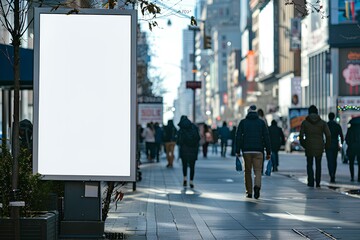 A group of people walking down a street next to tall buildings