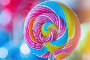 Close-up of a vibrant, colorful lollipop with swirls of pink, blue, yellow, and green set against a bokeh background. Sweet candy treat!