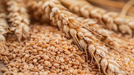 Obraz premium A close up of wheat grain with a grain of wheat in the foreground
