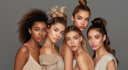 Fototapeta premium Elegant and diverse women with stylish updos in neutral tones exude chic and confidence, showcasing attitude, beauty, and modern fashion, inspiring others with their minimalist and trendy look